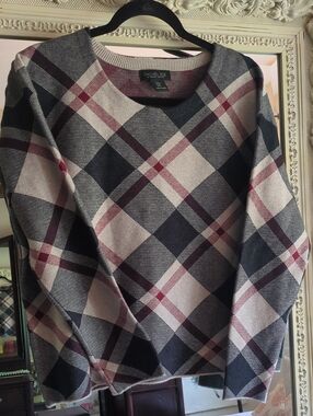 Rachel Zoe Plaid Crewneck Sweater in Black, Cream & Burgundy